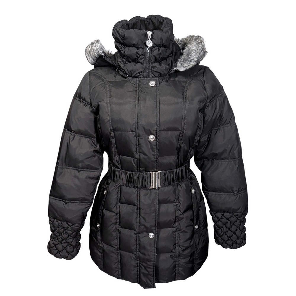 Betsey‎ Johnson Black Belted Puffer Coat Faux Fur Hood Smocked Cuffs Pink Lining